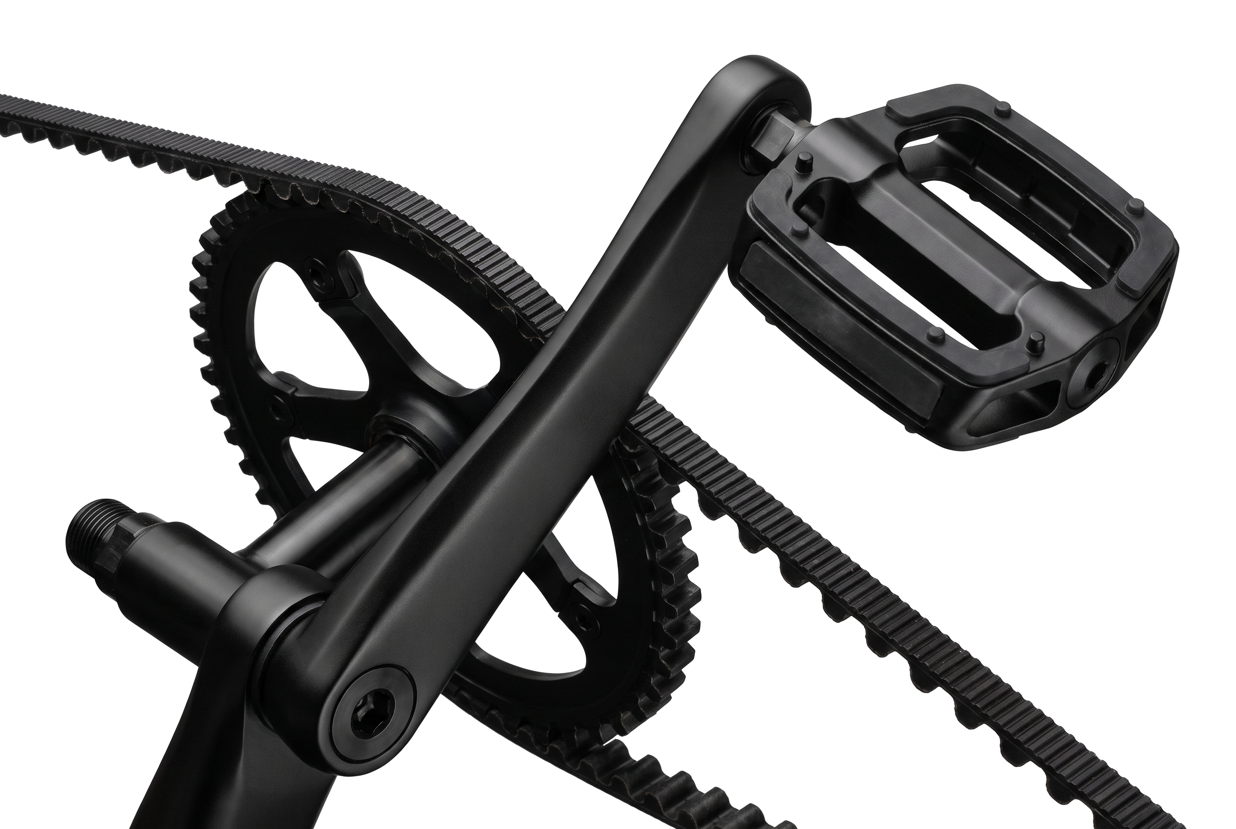 ARLO matte Carbon pedal, crank arm and belt drive detail