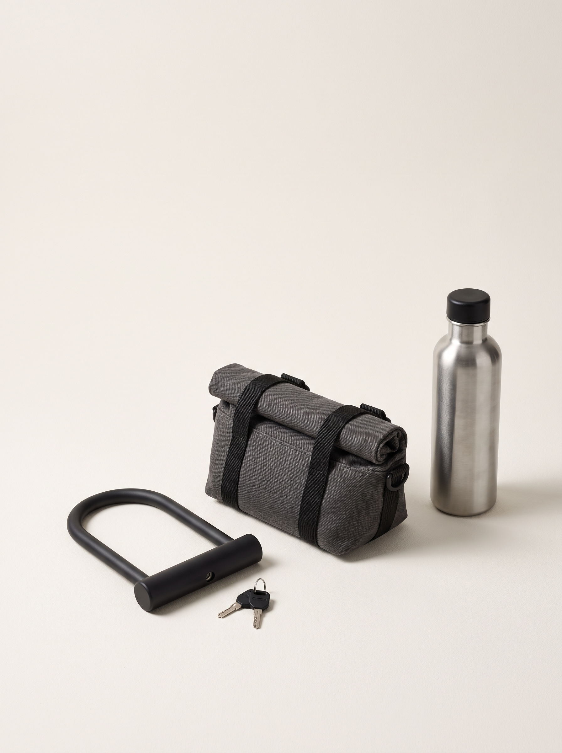 Bike lock, handlebar bag and water bottle