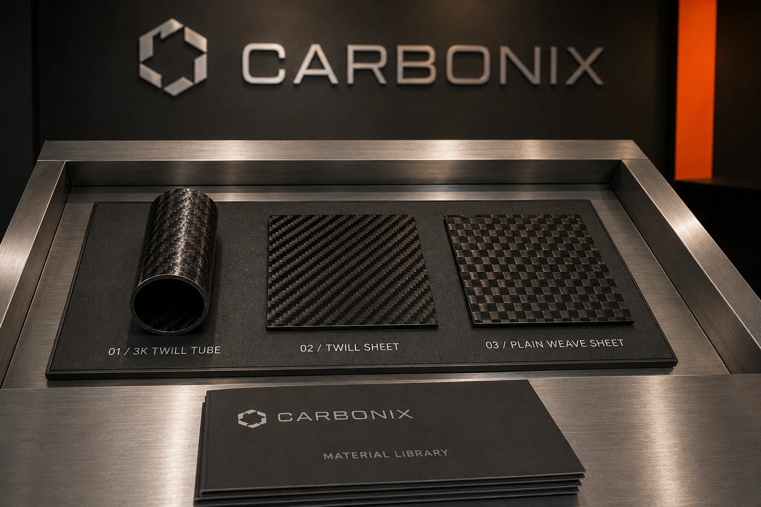A metal Carbonix exhibition sample case with material swatches and technical print collateral.