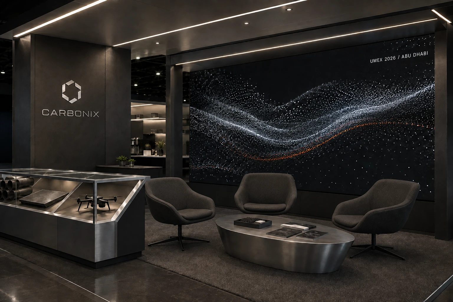 Carbonix lounge concept with low sculptural seating and an illuminated particle graphic wall.