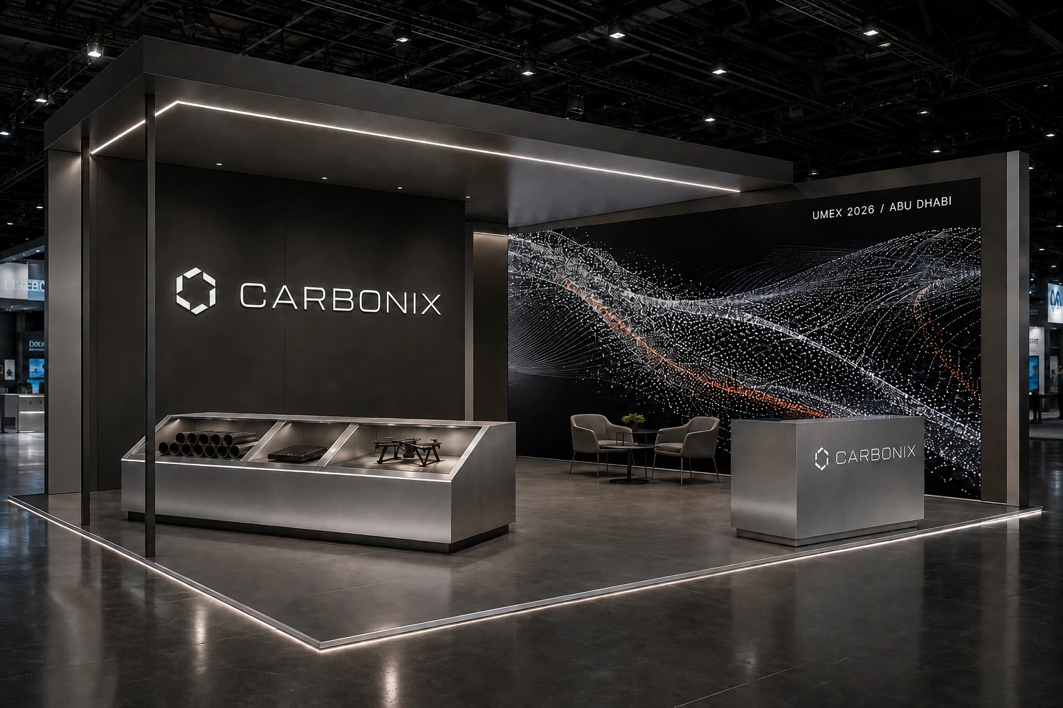 Premium open Carbonix pavilion with a large particle graphic digital wall, brushed metal sample counter and architectural lighting.
