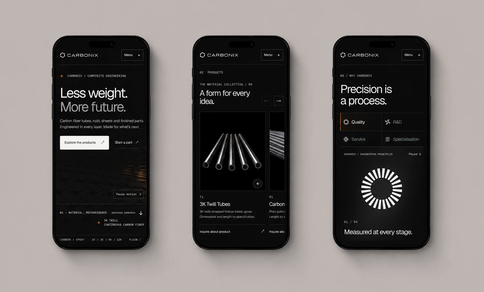 Three mobile screens showing Carbonix’s homepage, materials and engineering process.