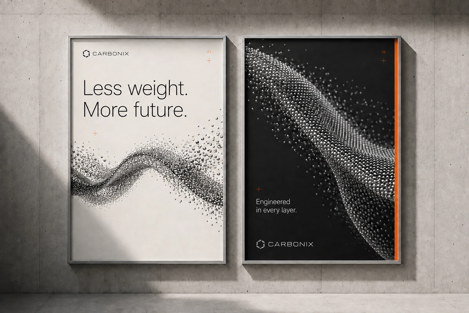 Carbonix editorial posters with a monochrome particle weave, precise typography and a fine orange edge.