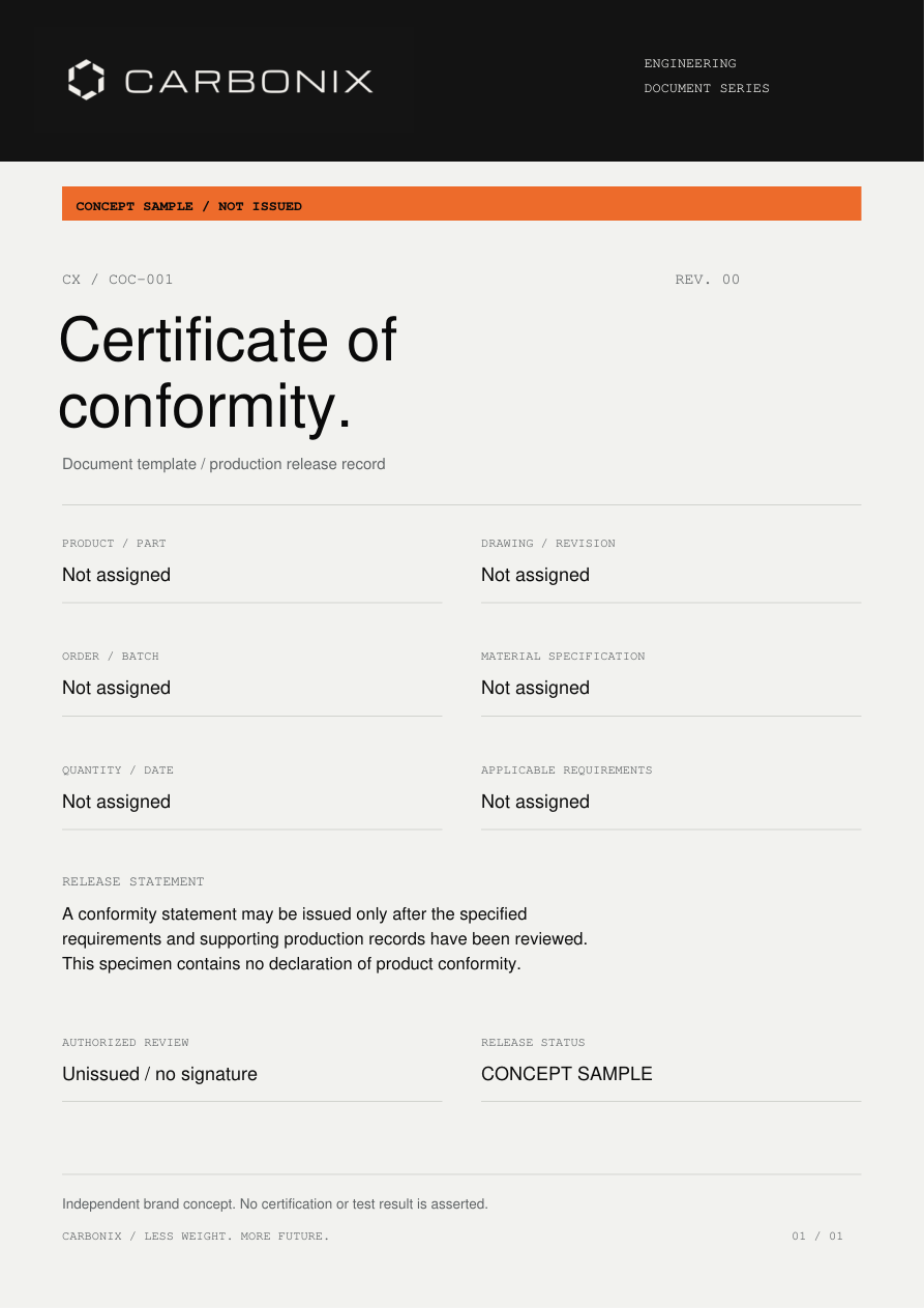 Carbonix Certificate of conformity, marked concept sample and not issued