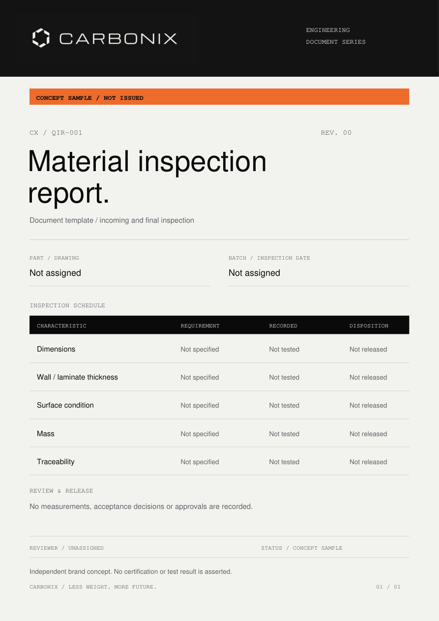 Carbonix Material inspection report, marked concept sample and not issued
