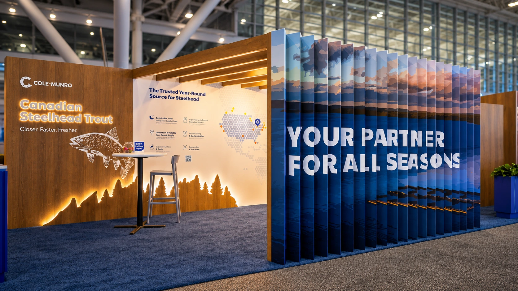 Angled lenticular fins reveal the message Your partner for all seasons across a Canadian waterscape.