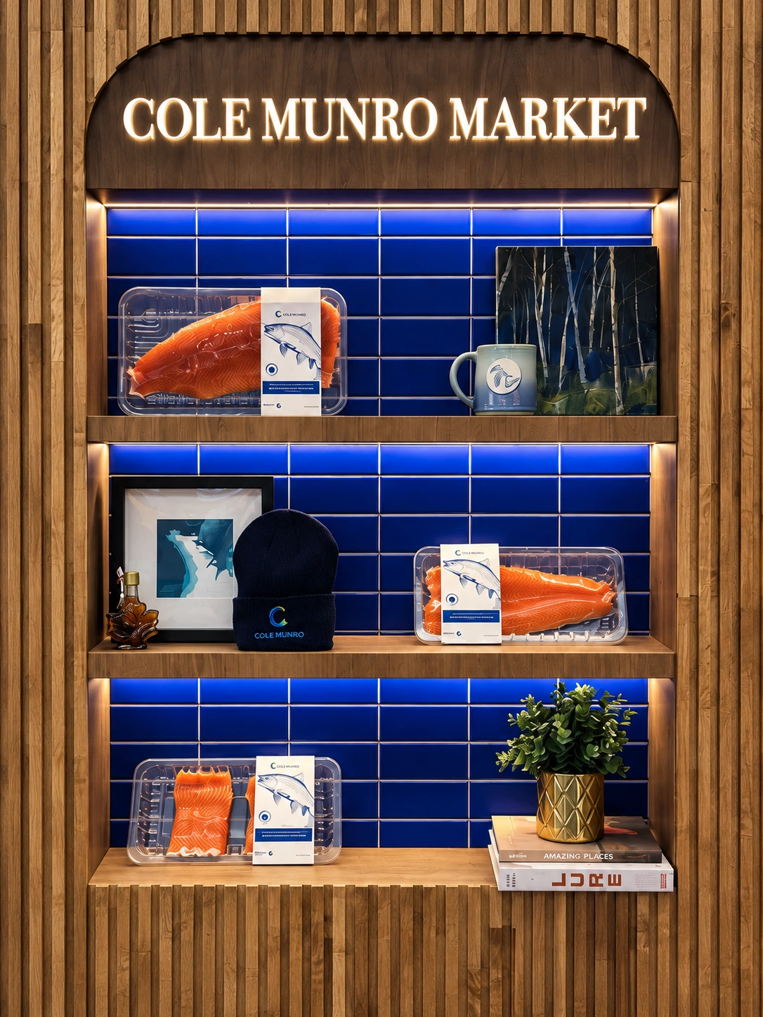 Illuminated Cole Munro Market shelves with concept tray packaging, branded merchandise and blue tiles.