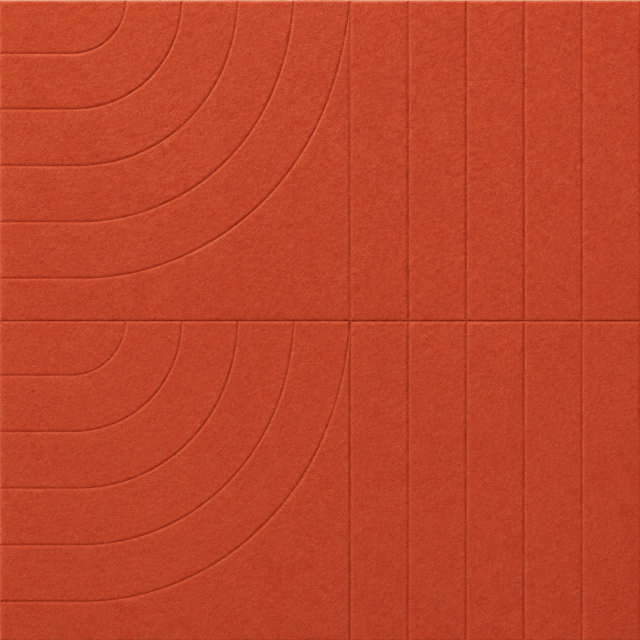 Orange acoustic panels with a relief pattern inspired by rainbow trout.