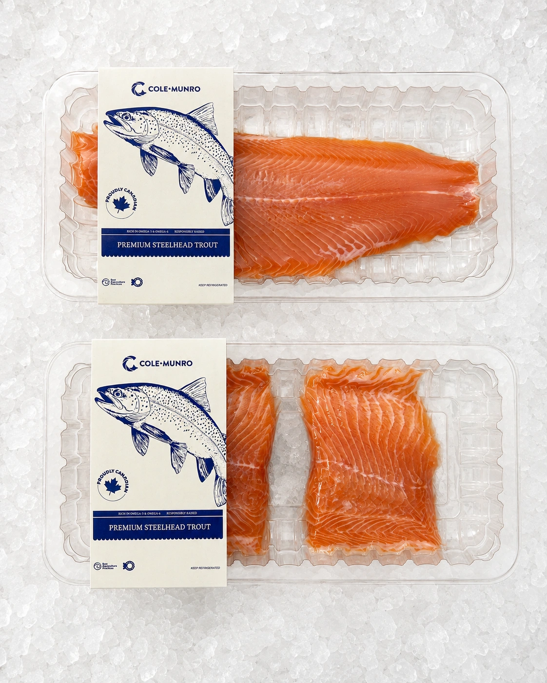 Cole Munro steelhead trout packaging displayed on ice.